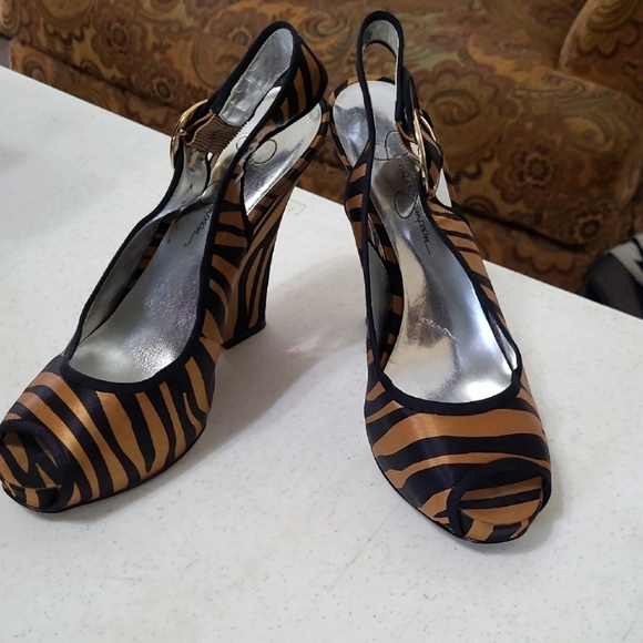 Jessica Simpson PENN opentoe animal print slingback platform wedges size 8.5 - Picture 1 of 11